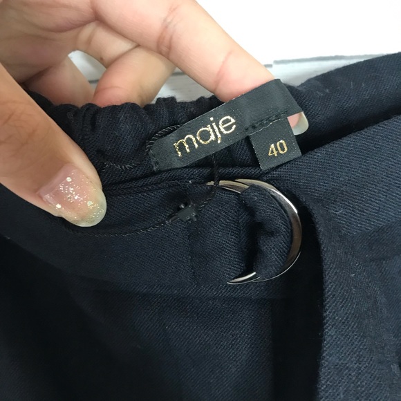 Maje Black Dark Blue Wool Pleated Belted Pants - Picture 5 of 6